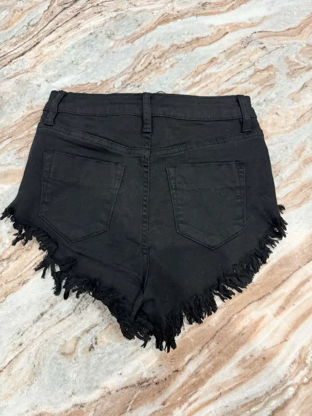 Fashion Nova Crazy Little Fringe Distressed Denim Shorts in Black